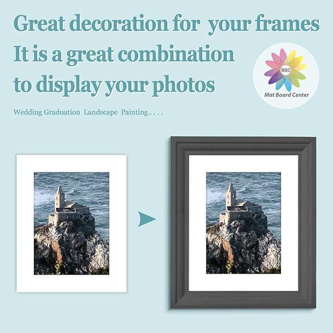 MBC Mat Board Center, 10 Pack 8x10 for 6x8 White Picture Mats Frame Mattes, Bevel Cut, Acid Free, 4-ply Thickness