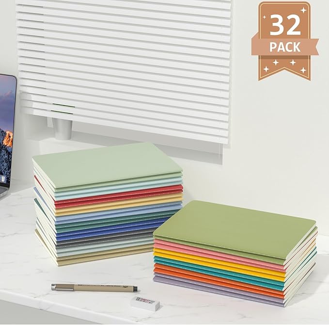 Oucaru Journaling Notebooks A5 Notebook college Blank Sketch Book 32 Pack Small Kraft Notebooks Bulk 8.3x5.5 Inches, 16 Colors Drawing Notebook Soft Cover Steno Pads School Supplies