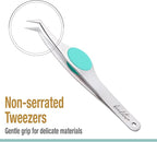 Beaditive High Precision Angled Tip Tweezers with Cushion Grip - 4.7" Craft Tweezers for Sewing, Beading & DIY Crafts - Non-Serrated Jewelry Tweezers with Fine Angled Tips - Stainless Steel (Teal)