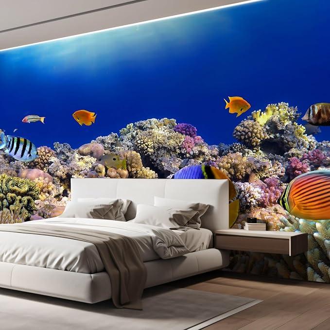 wall26 Removable Wall Sticker/Wall Mural Tropical Blue Fish Coral Reef Ocean Seascape Nature Wilderness Photography Realism Nautical Landscape Decorative for Living Room, Bedroom, Office - 66"x96"