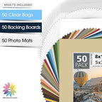 Mat Board Center, Pack of 50, 8x10 for 5x7 Mix Color Picture Mat Sets - Acid Free, 4-ply Thickness, Bevel Pre-Cut White Core - Includes Backing Boards and Clear Bags - for Pictures, Photos, Framing