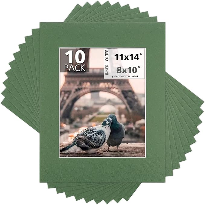 Mat Board Center, Pack of 10, 11x14 for 8x10 Basque Green Color Mats - Bevel Cut, Acid Free, 4-ply Thickness, White Core - for Pictures, Photos, Framing