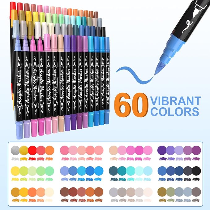 TOSAHRE Acrylic Paint Pens Markers 60 Colors Waterproof Dual Tip Acrylic Markers Set with Brush & Fine Tip Coloring Pens for Rock Painting Wood Scrapbook Fabric Glass Ceramic DIY Craft Art Supplies