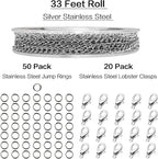 Jishi 33ft Necklace Extender Chain 3mm Silver Stainless Steel Curb Link Chain for Jewelry Making, Bracelet Necklace Extender DIY, Keychain Craft Supplies, Metal Chain Roll w/Lobster Clasps, Jump Rings