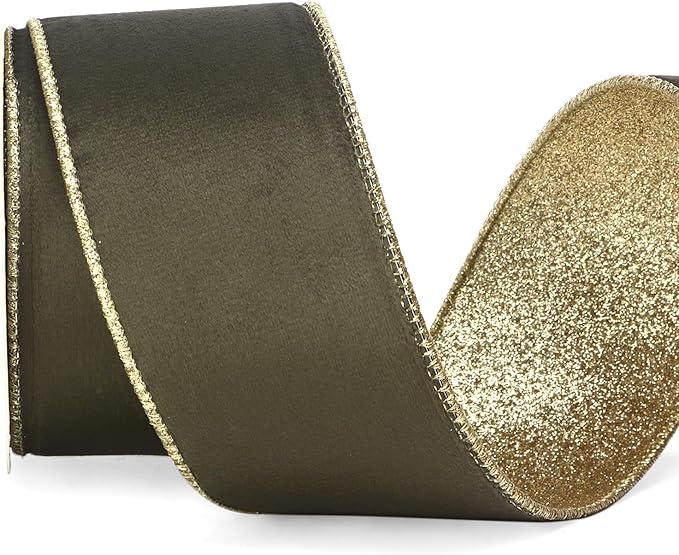 Ribbli Dark Moss Velvet Wired Ribbon 2.5 Inch Moss Green Velvet with Gold Glitter Christmas Ribbon for Christmas Tree Decoration Big Bow Gift Wrapping Crafts Wreaths Supplies- 10 Yards