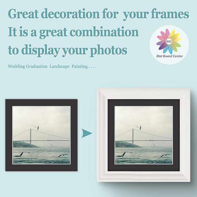 MBC Mat Board Center, 5 Pack 12x12 for 10x10 Black Picture Mats Frame Mattes, Bevel Cut, Acid Free, 4-ply Thickness