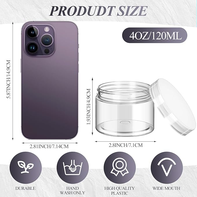 SATINIOR 36 Pieces 4 oz Plastic Jars with Lids Wide Mouth Airtight Reusable Container Acrylic Cosmetic Small Jars for Lotions Ointments Travel Toiletries Creams Make up Storage(Clear)