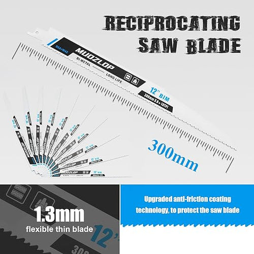 10 Pack 12 inch Reciprocating Saw Blades Set,8+10 TPI High Carbon Saw Blades, Metal Saw Blades with Organizer Case (10, 8+10TPI/300mm)