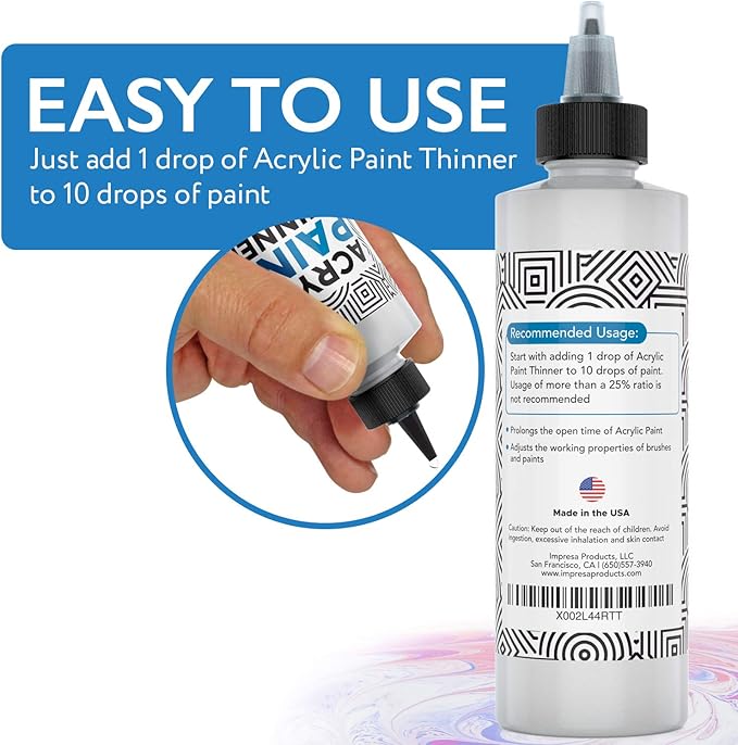 IMPRESA Acrylic Paint Thinner & Mixing Medium - 8 fl oz - Paint Thinner for Acrylic Painting – Slow-Drying Retarder & Flow Improver – Odorless, Water-Based, Non-Curdle Formula