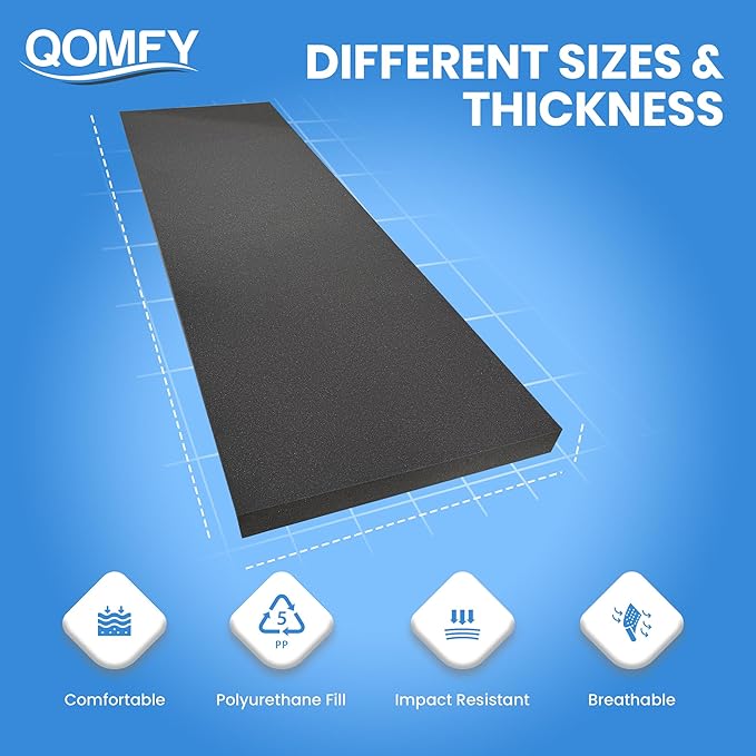 QOMFY 1"" Height x 12"" Width x 48"" Length Charcoal Upholstery Foam Sheet | Made in USA | Multi-Purpose Foam for Upholstery, DIY, Packaging & Acoustic Projects, CHAR-1x12x48