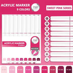 Water Based Acrylic Paint Markers, 9 Colors Acrylic Paint Pens Set with Soft Brush Tip, Marker Pen for Rock Painting, Egg, Wood, Glass, Paper, Mugs, Acrylic Painter Ink (Sweet Pink Series)