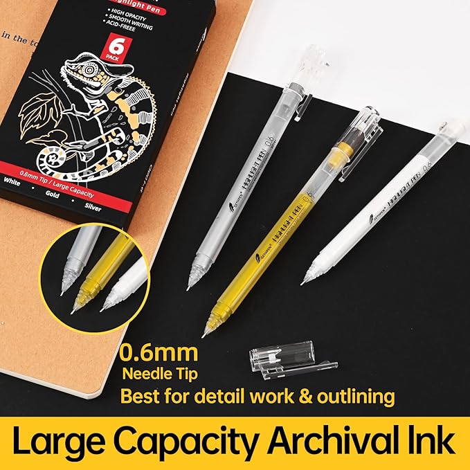 0.6mm Fine Point White Gel Pens, 3-Pack for Artists Drawing, Sketching, Illustration, and Adult Coloring Books, Opaque White Ink for Black Paper, Bullet Journaling, and Card Making