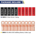 haisstronica 10pcs 1/0 AWG - 5/16"(M8) Battery Cable Lugs, Heavy Duty Copper Wire Lugs with 10pcs 3:1 Adhesive Heat Shrink Tubing, 0Gauge Wire Connectors Battery Terminal Connector, Battery Cable Ends