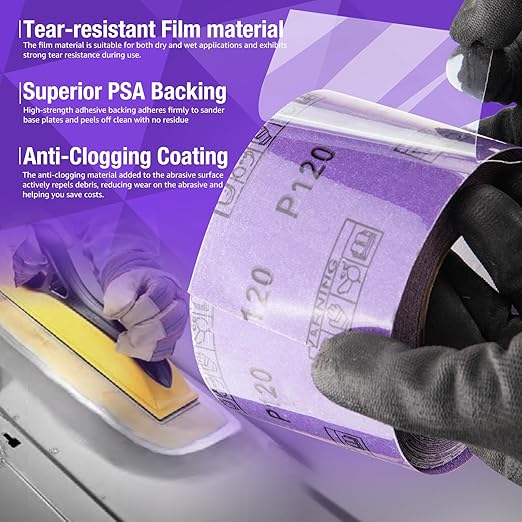 60 Grit PSA Purple Film Ceramic Sandpaper Roll, 2-3/4" Wide Continuous 10 Yard Longboard Sanding Roll Wet Dry Sanding Blocks Self Adhesive Sticky Back Sanding Sheets for Woodworking Automotive