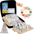 Mexican Train Dominoes Set with 6 Wooden Holders, Double 12 Colored Dot Dominoes with Update Hub, Travel Train Game with 91 Tiles and Portable Carry Case, Family Board Team Games