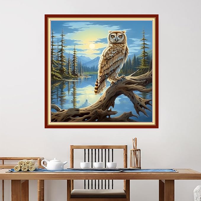 Foxdiviy Stamped Cross Stitch Kits for Beginners Full Range of Cross Stitching 11 CT Printed Cross Stitch Kits for Kids Adults Cross Stitch Patterns Needlepoint Kits-Owl Scenery 18x18 inch