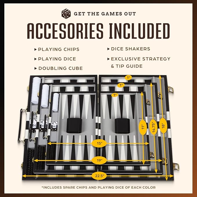 Get The Games Out Backgammon Set, Classic Board Game Case, 2 Players, Includes Strategy & Tip Guide, Perfect for Parties and Family Game Nights - Small, Black