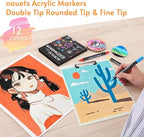 12 Colors Waterproof Dual Tip Acrylic Paint Pens, Dot & Fine Tip Premium Coloring Drawing Markers Set for Wood, Rock Painting, Canvas, Glass, Ceramic Surfaces and DIY Crafts Making Art Supplies
