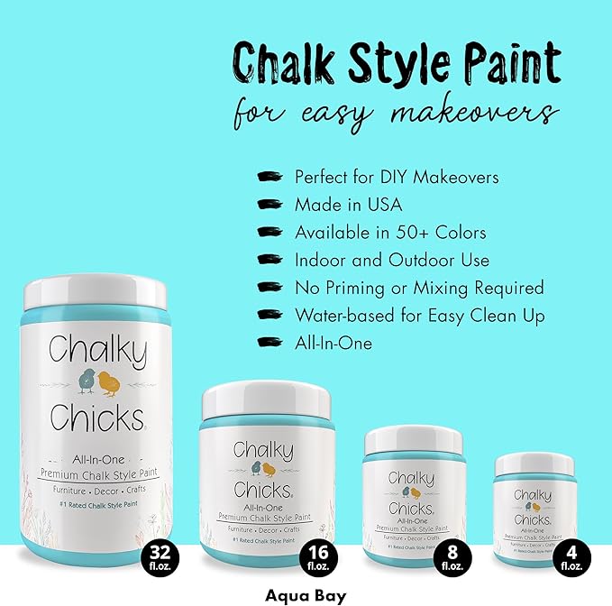Chalky Chicks All-in-One Chalk Paint for Furniture or Cabinet - 16 Fl Oz - Matte Finish Aqua Bay (Aqua Blue) for Metal, Wood Furniture Paint - No Sanding All-in-One for Home Decor & Crafts, USA Made