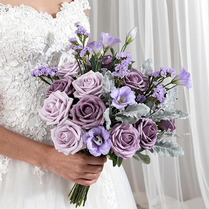 Artificial Flowers Foam Fake Roses 25pcs Series Purple Colors Roses with Stems for Home Decor DIY Wedding Bouquets Party Bridal Shower Centerpieces Faux Flower Arrangements Tables Decorations