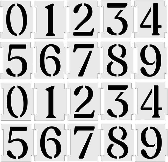 YEAJON 4 Inch Curb Stencil Kit 0-9 Address Number Stencils, 20Pcs Reusable 14 Mil Mylar Plastic Templates for Painting on Road, Wall, Wood, Mailbox