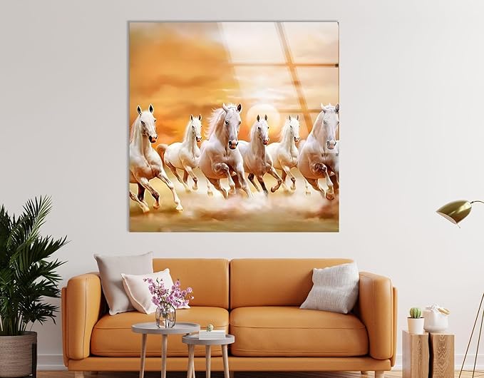 My Photostation.com 43Wx27H'' White Horses Running on Sunset Glass Wall ArtTempered Glass Printing Wall Decor Large Wall Art Wall Hangings