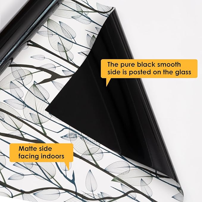 Leaf Pattern Window Tint with Installation Tools, Blackout Window Cover, Sun Blocking Window Tint for Home (Full Blackout Opaque, 17.7'' x 78.7'')