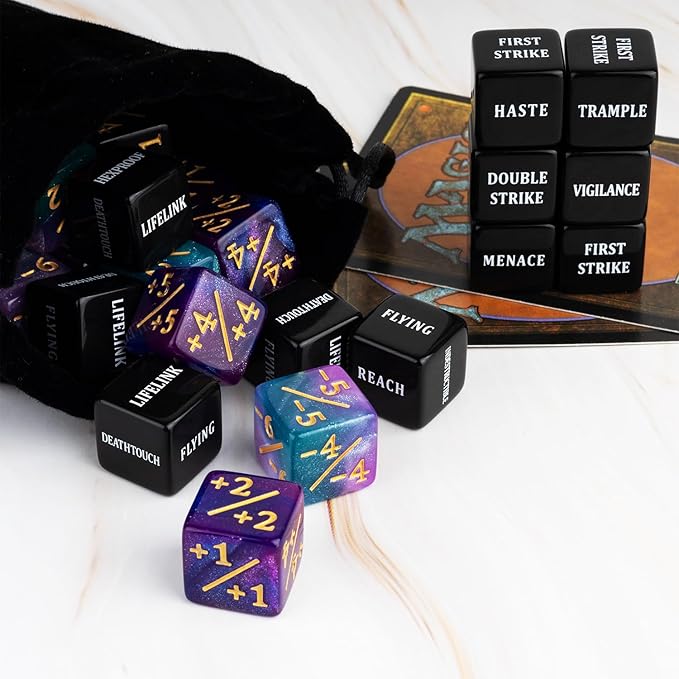 48 Pieces Keywords MTG Dice Counters Plus 1 Life Counter Dice Abilities Creature Stats Buff Tokens Dice Set for Magic The Gathering, MTG, TCG, Card Games Accessories