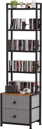 CD Storage Rack with Drawer, 5-Tier DVD Organizer Shelf w/Adjustable Book Stoppers, Media Storage Rack for CD/DVD, Books & Games, Ideal for Living Room & Home Office – 15.7x11.8x56.5Inches