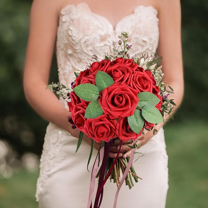 AmyHomie Artificial Flowers Red Rose 50pcs Real Looking Fake Roses w/Stem for DIY Wedding Bouquets Centerpieces Arrangements Party Baby Shower Home Decorations