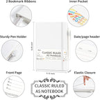 feela 5 Pack Notebooks Journals Bulk, Hardcover Notebook Classic Ruled Lined Journals with Pen Holder for Women Girls School Business Supplies, with 5 Black Pens, 120 GSM, 5.1”x8.3”, A5, White