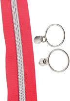 Leekayer #5 Silver Metallic Teeth Nylon Coil Zippers by The Yard Bulk 10 Yards Red Zipper Tape with 25pcs Silver Ring Pull Sliders for DIY Sewing Tailor Craft Bag(Red)
