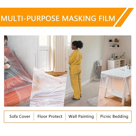 Painters Plastic with Tape 22" x 66',Pre-Taped Masking Film for Painting,Paint Protection Film with Built-in Tape, Drip-Free Painting for Cars,Walls, Floors, Furniture（2 Rolls）