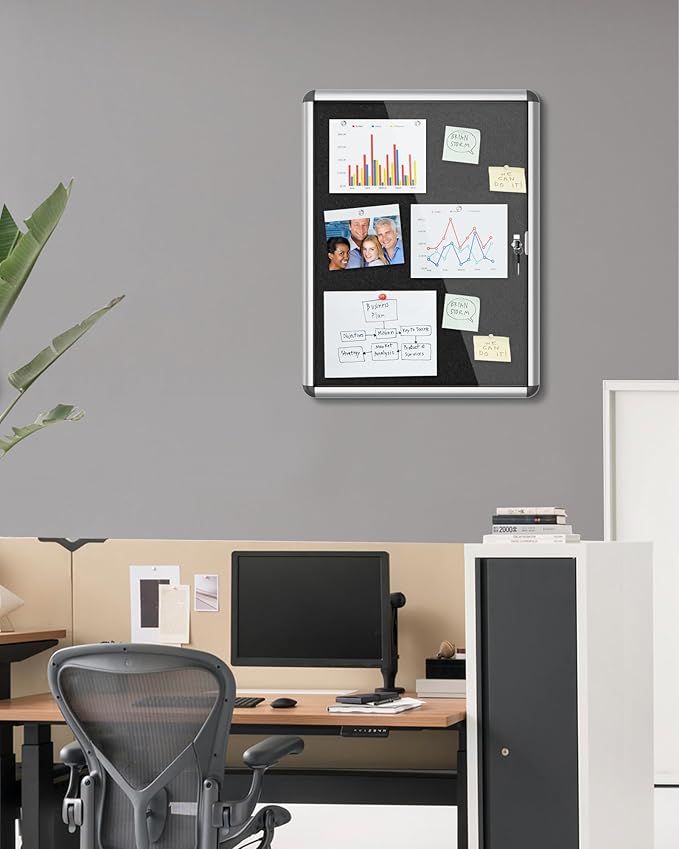 26"x20" Enclosed Bulletin Board, Lockable Weather-Resistant Aluminum Cork Noticeboard for School & Office, Silver Frame w/Black Flet