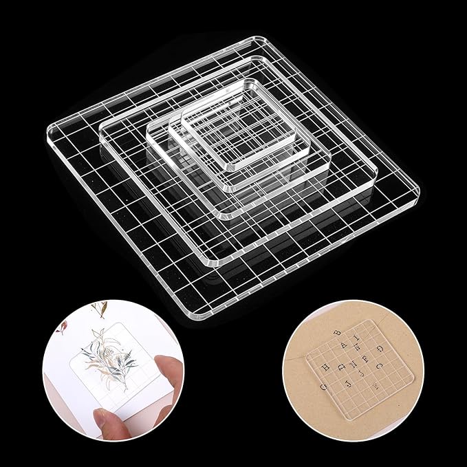 6PCS Acrylic Stamp Block with Grid Lines, Clear Stamping Blocks Tool Decorative Stamp Blocks Square Display Block Set Props for DIY Crafts Scrapbooking Card Making