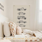 Toddler Boy Room Decor, Vintage Car Linen Canvas Banner, Retro Car Room Decor Wall Hanging Flag Banner for Little Boy Bedroom,Playroom Nursery 18x25 Inch
