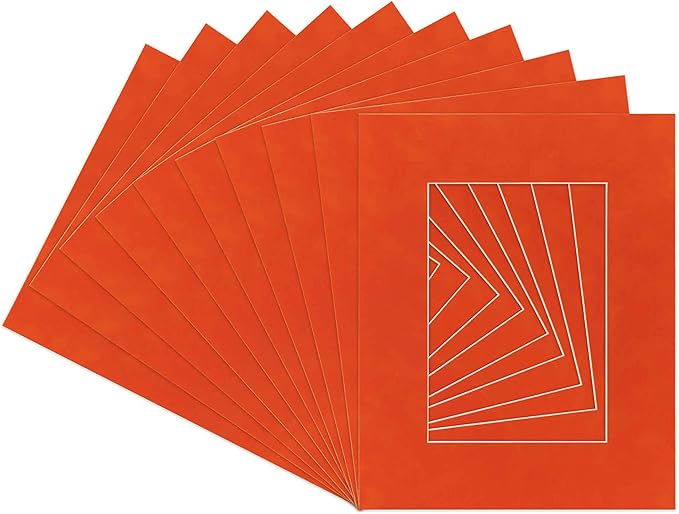 Pack of Ten Acid Free 8x10 Mats Bevel Cut for 6x8 Photos - Orange Suede Precut Matboards With Backing Boards and Self Seal Photo Mat Bags For Pictures, Photos, Framing - 4-ply Thickness