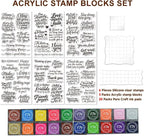 6 Pcs Greeting Words Clear Stamps for Card Making Supplies 20 Ink Pad 3 Acrylic Stamp Block Silicone Stamp with Holiday Bless Happy Birthday Stamps for Crafting DIY Scrapbooking Journal