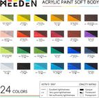 MEEDEN Soft Body Acrylic Paints Set: Matte Finish 24 Colors x 60ml/2oz Fluid Acrylic Paints for Art Painting on Canvas Wood & Glass for Students Adults Artists