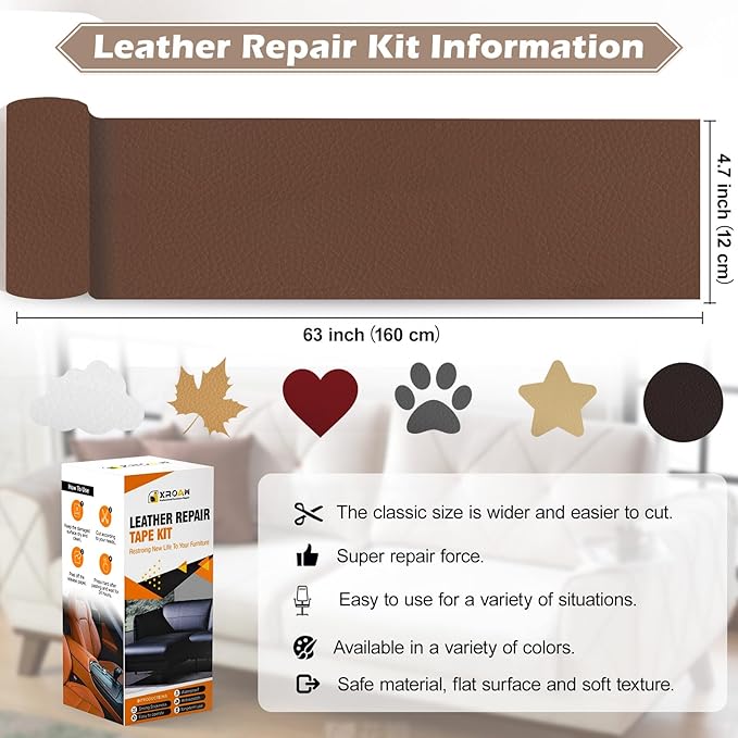 Leather Repair Tape, 4.7x63 inch Leather Patches for Furniture, Self Adhesive Leather Repair Patch for Sofas, Couches, Leather Covers, Seats, Chairs, Vinyl Repair Tape Light Brown