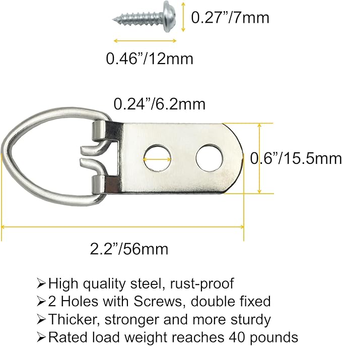 40 Pack D-Ring Steel Picture Hangers Heavy Duty with Screws Picture Frames Double Holes Clasp Picture Hang Solutions