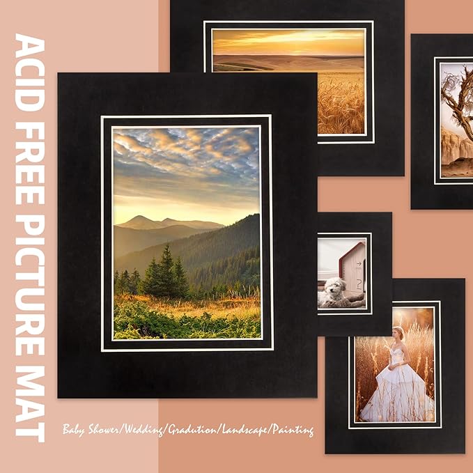 HOTUO 10 Pack Acid Free Black Picture Frame Mats, Pre-Cut 11x14 Picture Mats with Ivory Core Bevel Cut for 8x10 Photo, Signature Friendly 4 Ply Thickness Photo Mat for Frames (Black with V-Groove)
