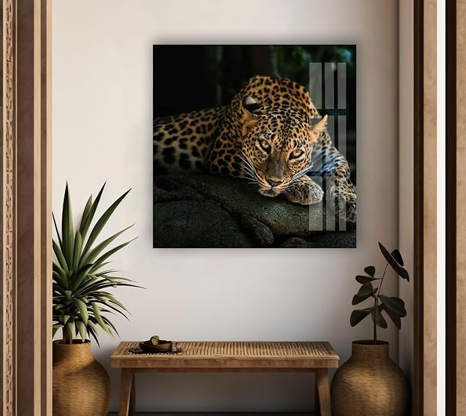 My Photostation.com 30Wx24H'' Fierce Leopard Glass Wall ArtTempered Glass Printing Wall Decor Large Wall Art Wall Hangings