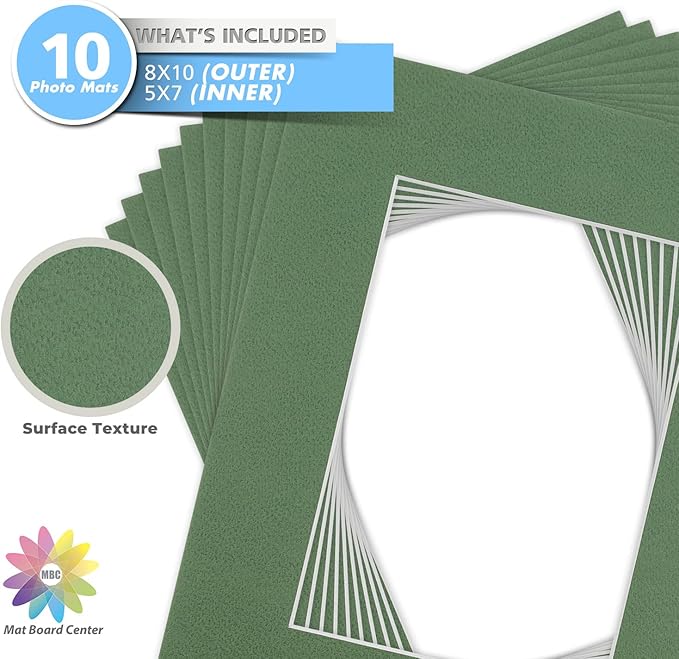 Mat Board Center, Pack of 10, 8x10 for 5x7 Basque Green Color Mats - Bevel Cut, Acid Free, 4-ply Thickness, White Core - for Pictures, Photos, Framing