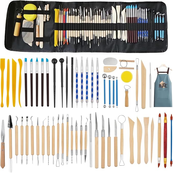 61PCS Clay Sculpting Tools Kit, Clay Pottery Carving Tool Kit with Wooden & Stainless Steel Clay Tools, Professional Clay Sculpting Tool for Adults, Sculpting Tools for Air Dry Clay, Polymer, Ceramic