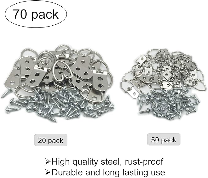 70 Pack D-Ring Steel Picture Hangers Heavy Duty with Screws Picture Frames Double Holes Clasp Picture Hang Solutions, for Hanging Clock Paintings Artwork Picture Frame Hook Photos Mirrors