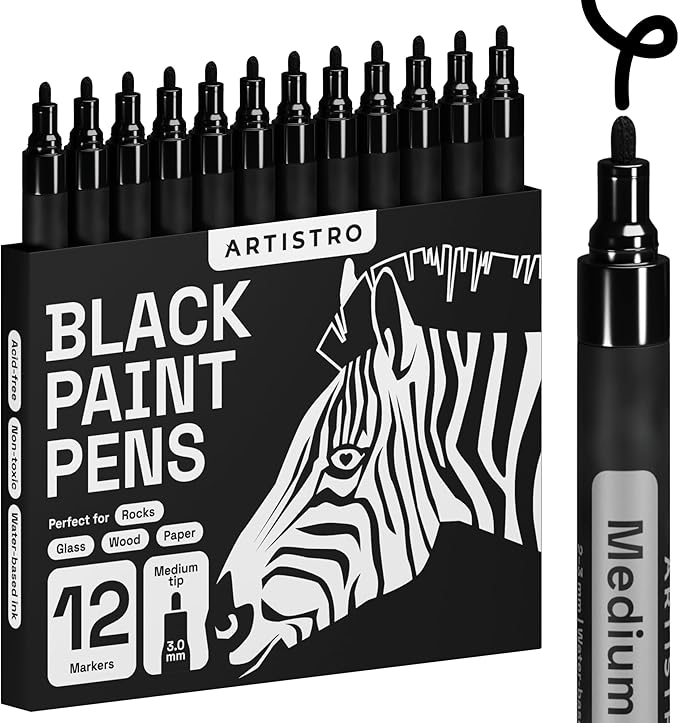 ARTISTRO 12 Black Paint Pens for Rock Painting, Stone, Ceramic, Glass, Wood, Fabric, Scrapbooking, DIY Craft Making, Art Supplies, Card Making, Coloring, Acrylic Markers Medium Tip 3.0mm