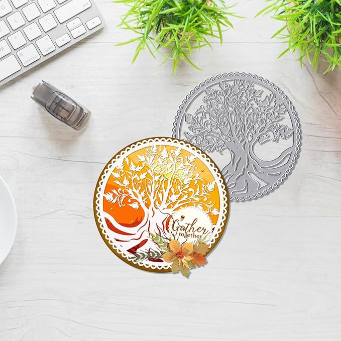 Tree Frame Metal Cutting Dies for Card Making, Tree Leaves Round Frame Die Cuts Carbon Steel Embossing Stencil Template Cutting Tools for DIY Scrapbooking Paper Card Photo Album Craft Supplies