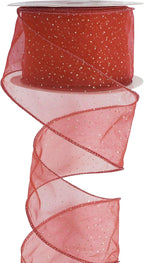 MEEDEE Red Gold Wired Ribbon - 2.5 Inch Sheer Ribbon with Gold Glitter Polka Dots for Christmas Tree, Wreath and Bow Making