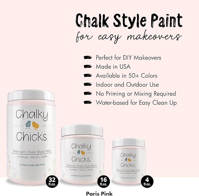 Chalky Chicks All-in-One Chalk Paint for Furniture or Cabinet - 32 Fl Oz - Matte Finish Paris Pink for Metal, Wood Furniture Paint - No Sanding All-in-One for Home Decor & Crafts, USA Made